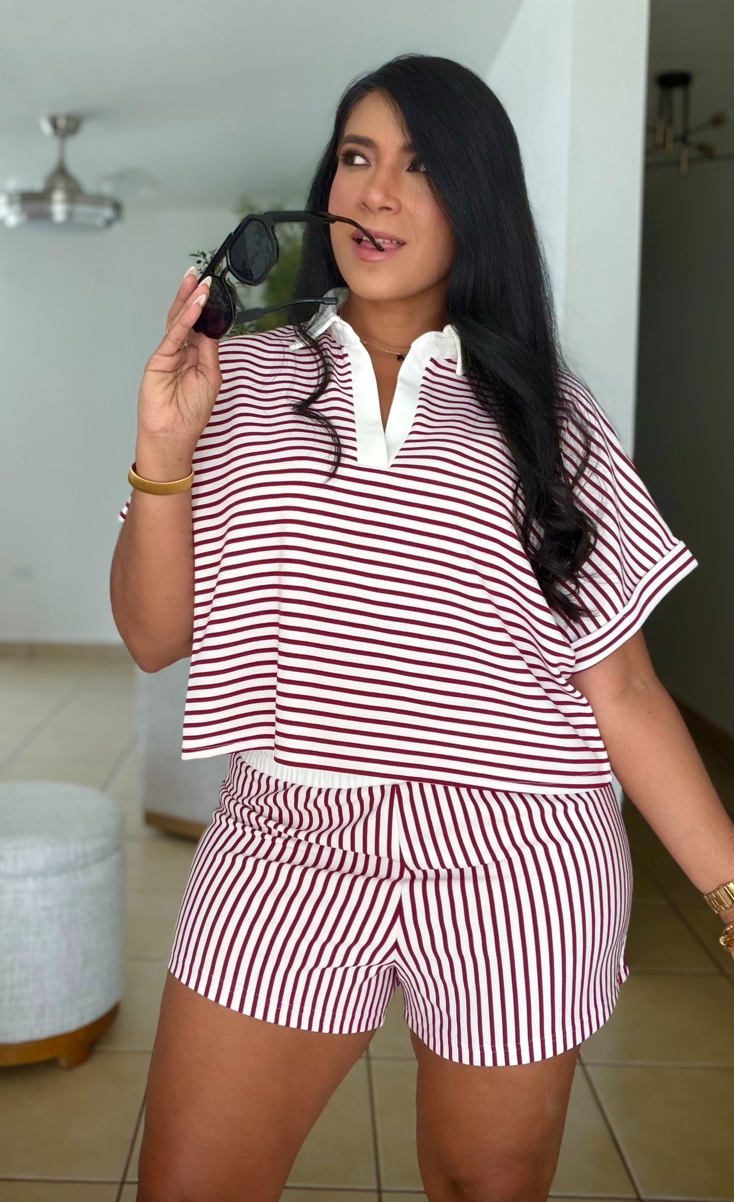 Cabernet Red Striped Spandex Luxe pants and Blusòn Shorts Set