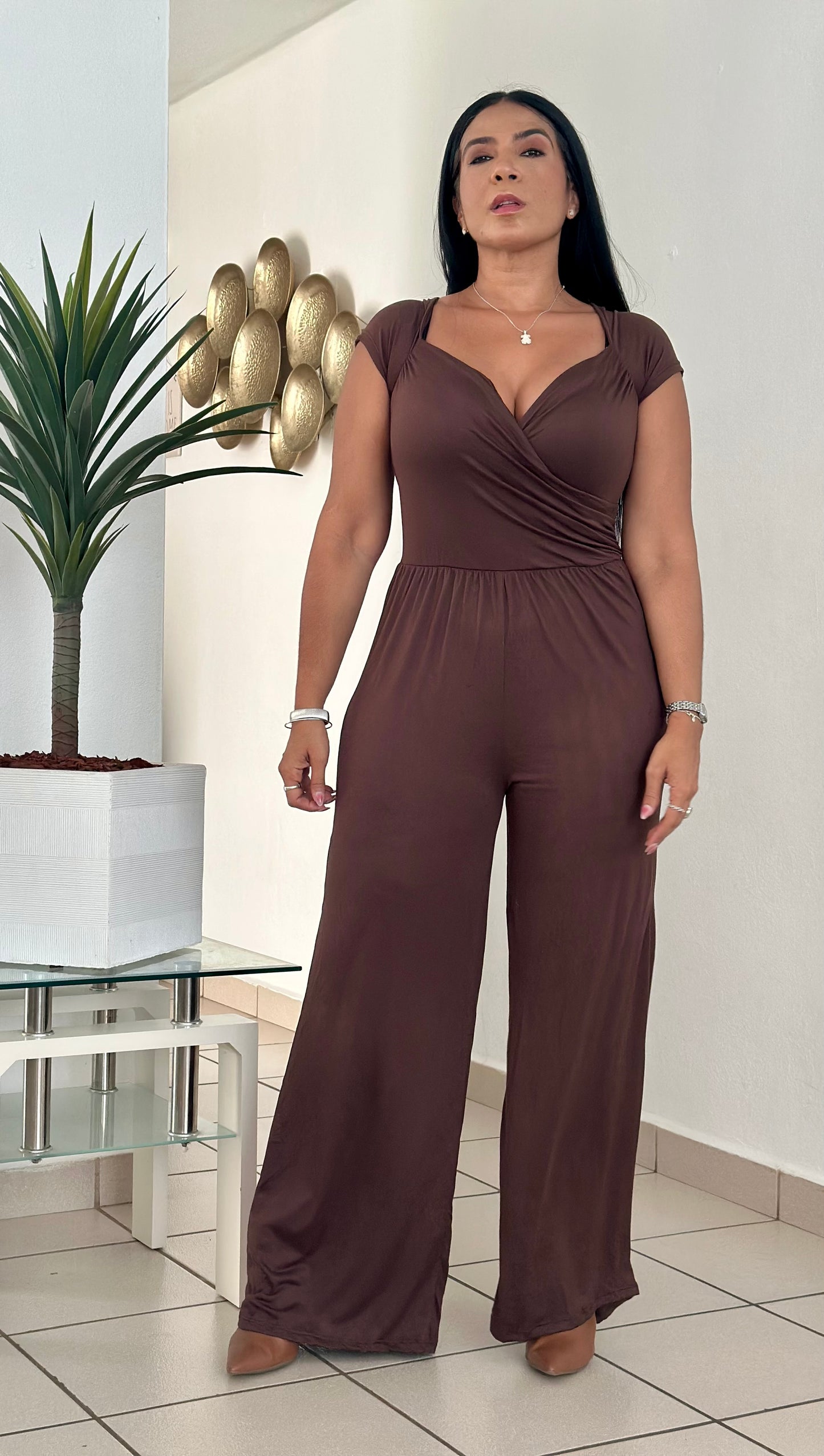 Brown Choco Spandex Cotto Palazzo Jumpsuit