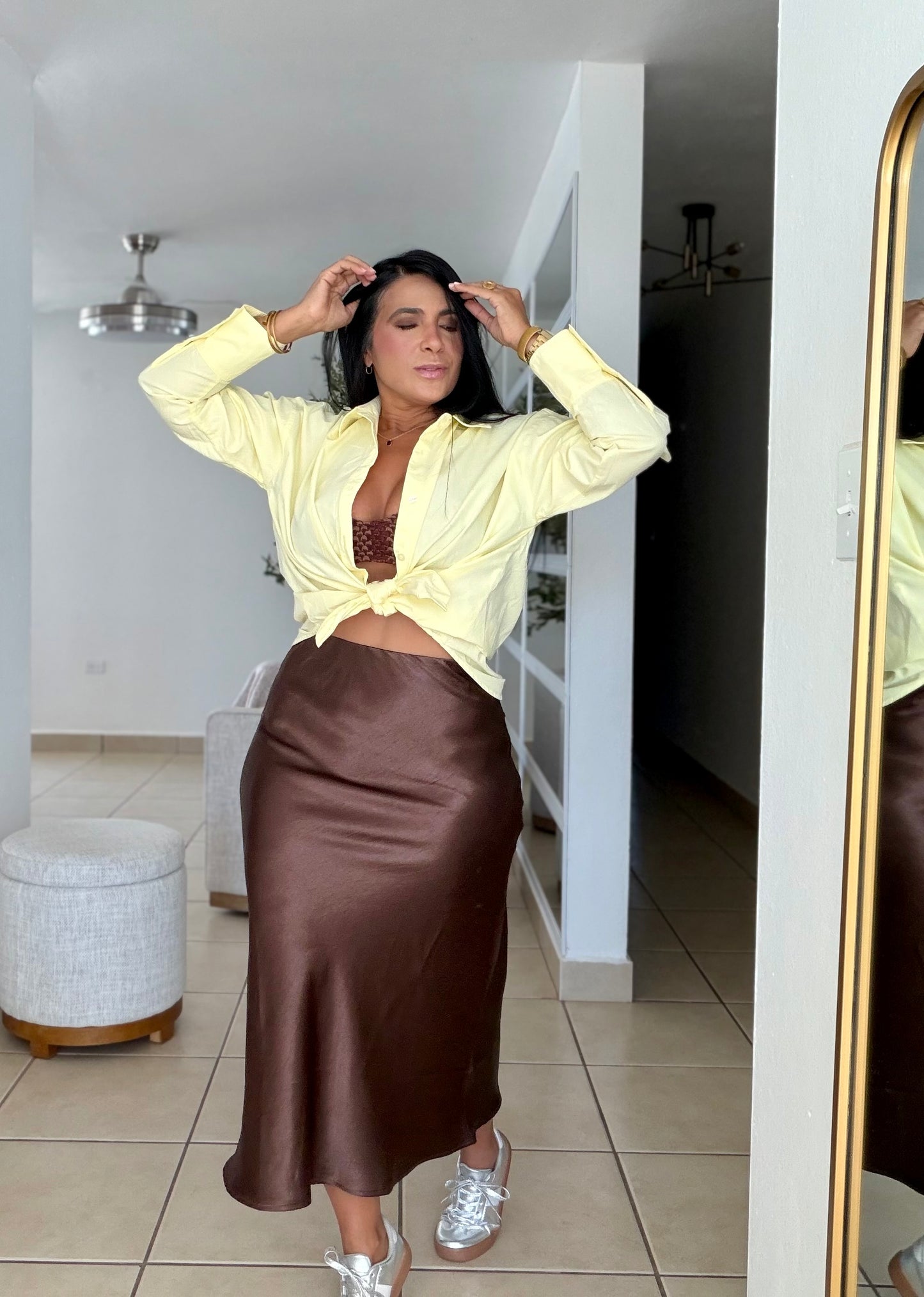 Texas Choco Brown Silk Spandex Midi Skirt (SOLD)