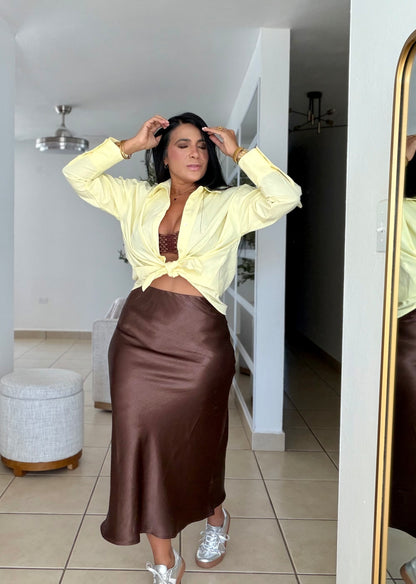Texas Choco Brown Silk Spandex Midi Skirt (SOLD)