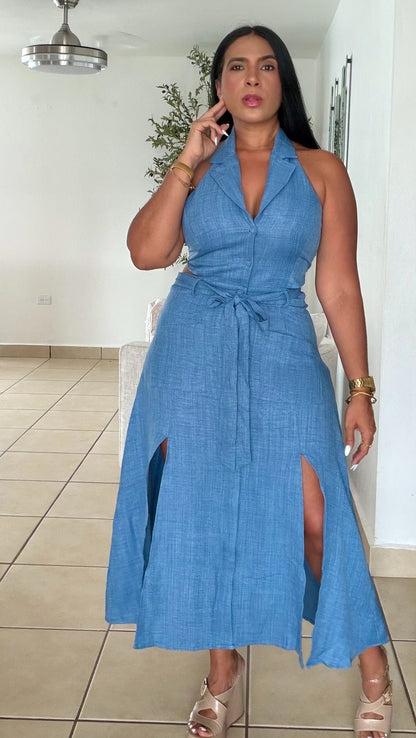 Denim Blue Halter Spandex Cut-Out Midi Dress