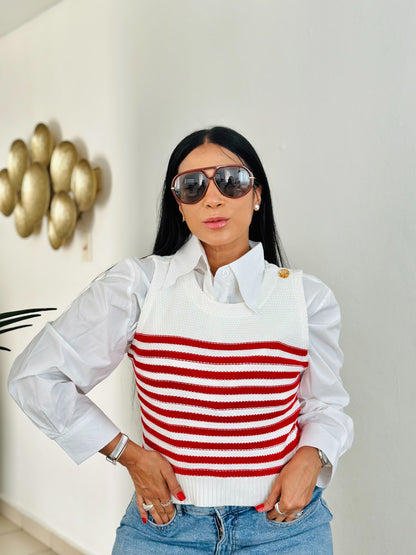 Knit Spandex Marinera Top Red and White