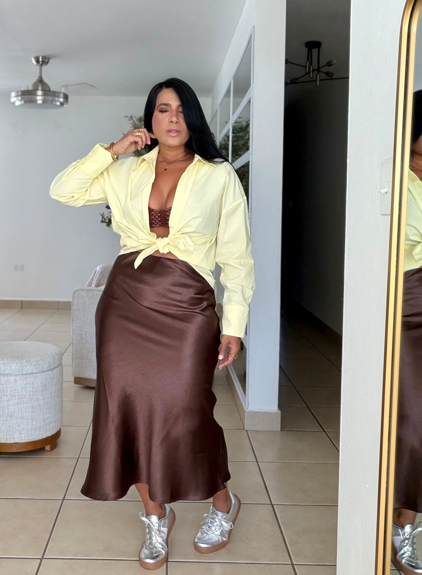 Texas Choco Brown Silk Spandex Midi Skirt (SOLD)
