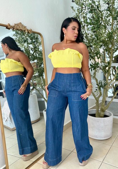 Denim Blue Wide Leg Spandex Jeans (tiene bolsillos, bien expandible y de talle alto) puesto small