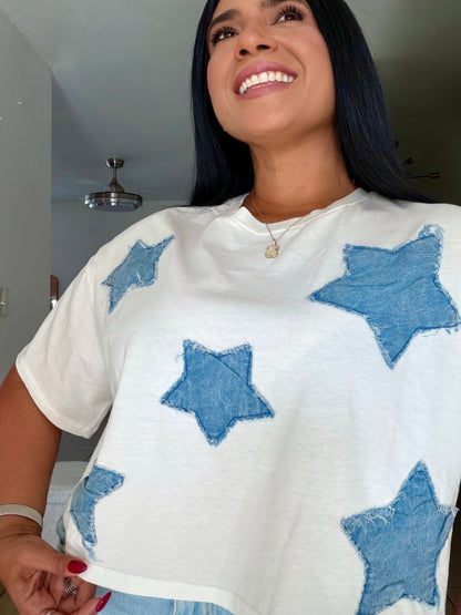 Estrellas White and Denim Top