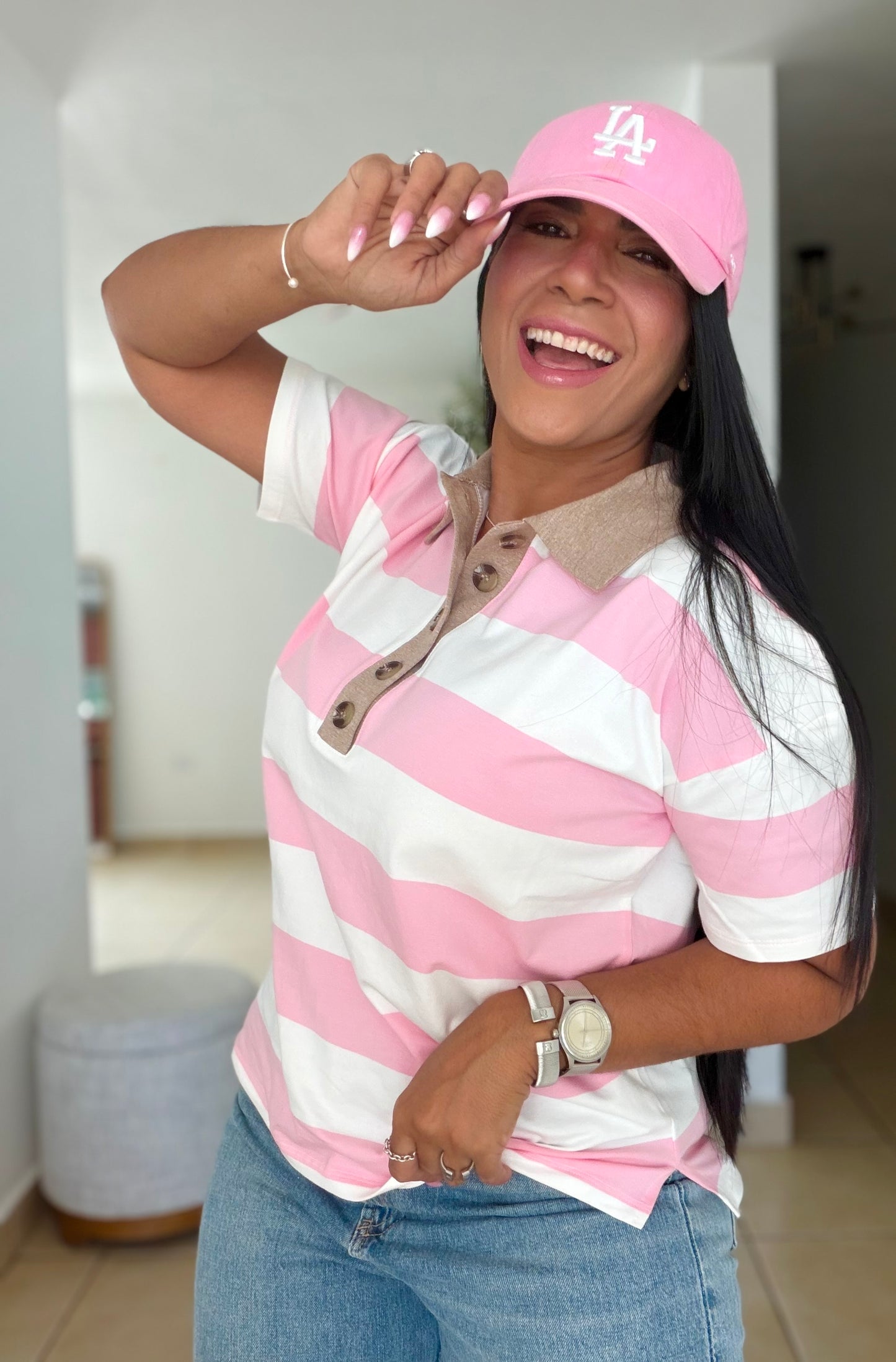 Pink Pink Striped Spandex Polo Top De Lujo (PRE ORDEN) SOLD OUT