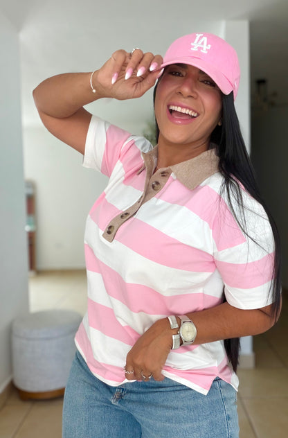 Pink Pink Striped Spandex Polo Top De Lujo (PRE ORDEN) SOLD OUT