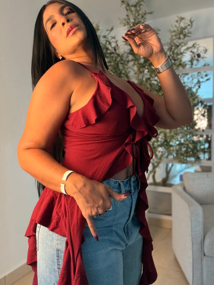 Red Wine Spandex y Ajustable Ruffle Top (COLOR RED WINE) SOLD OUT GRACIAS