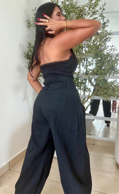 El Blacky Black Spandex Denim Vest Jumpsuit (tiene bolsillos)
