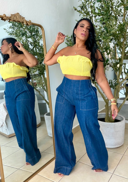 Denim Blue Wide Leg Spandex Jeans (tiene bolsillos, bien expandible y de talle alto) puesto small