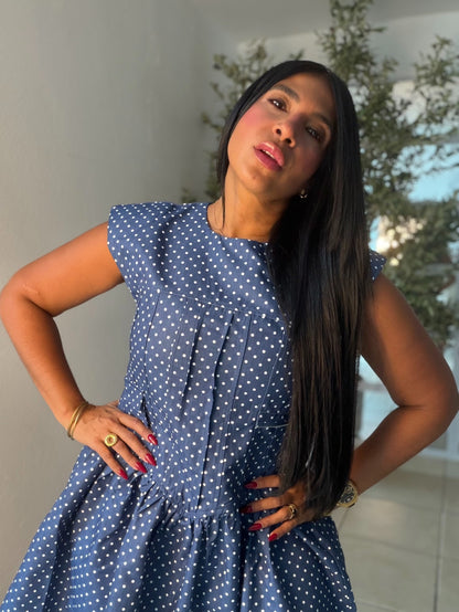 Denim Blue Mini Polka Dots Spandex Dress Blue.  Tiene bolsillo removible (SOLD OUT GRACIAS)