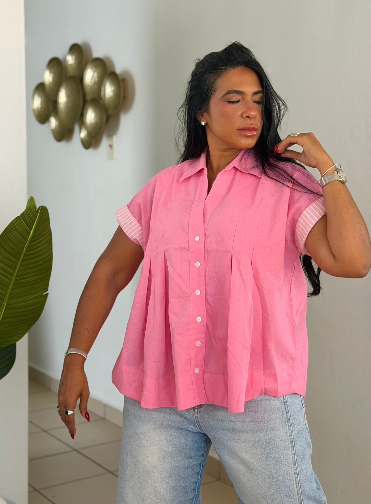 Luxe Bubble Pink Linen Oversized Blusòn (mangas se usan de dos formas) Rosa intensi de lujo puro