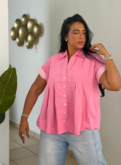 Luxe Bubble Pink Linen Oversized Blusòn (mangas se usan de dos formas) Rosa intensi de lujo puro