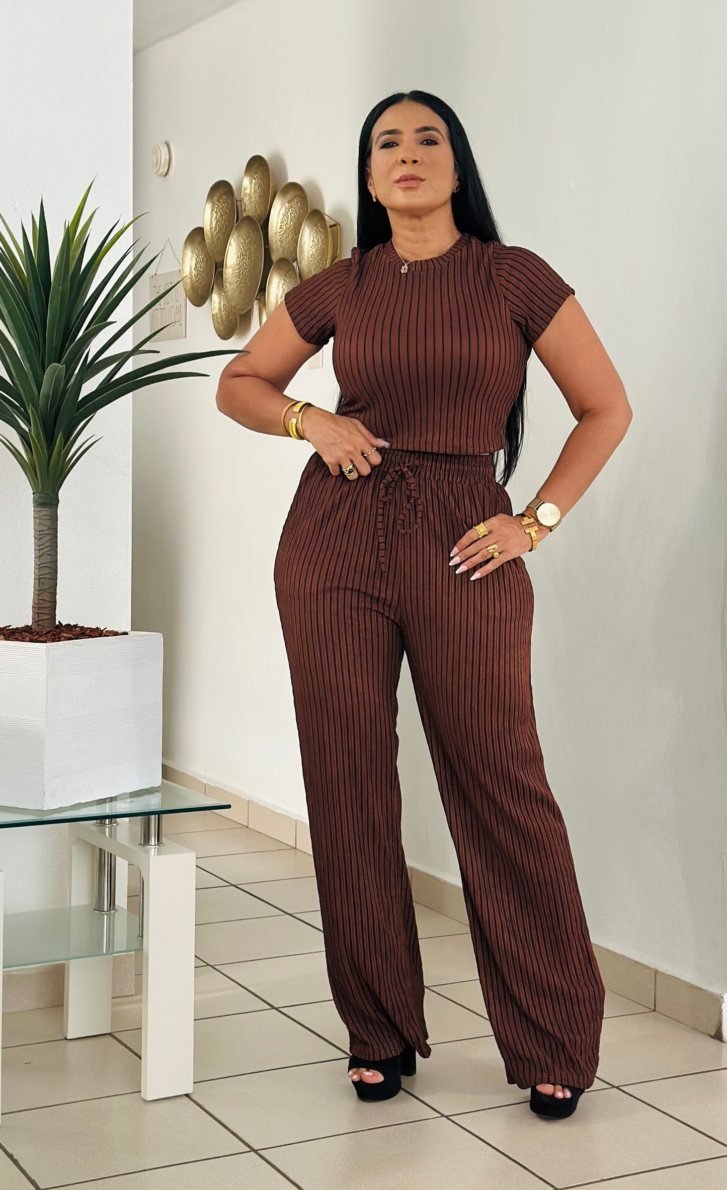 Indiana Spandex Brown con líneas negras Wide Leg Pants Set