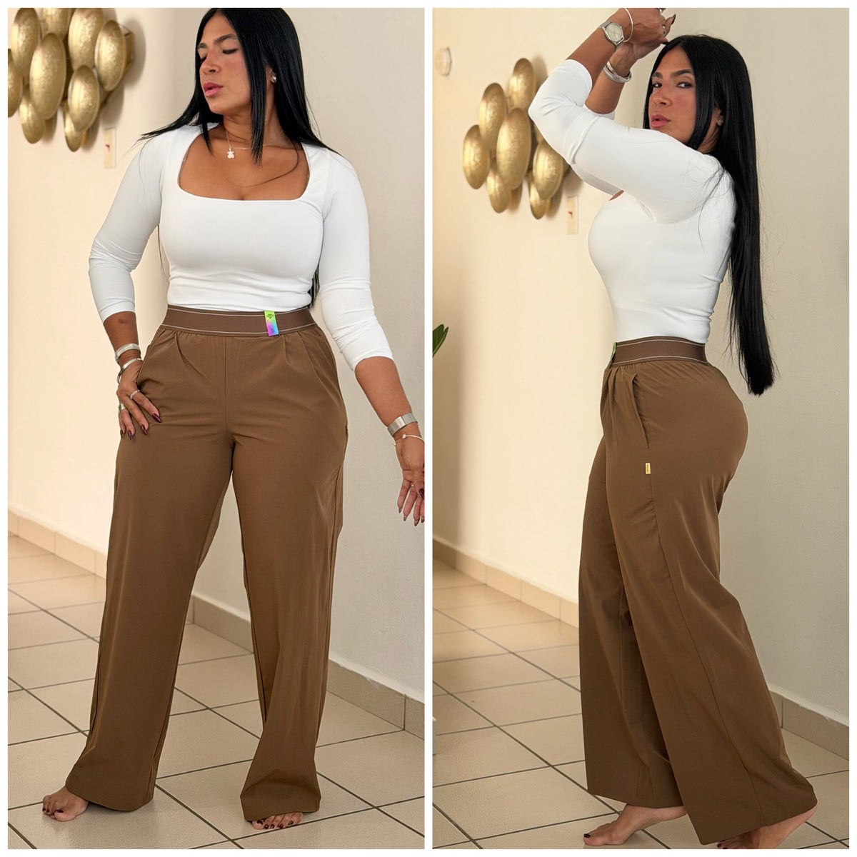 Es Igualito! Vibrant Spandex Total Choco Brown Wide Leg Liviano Pants. Color negro y tiene bolsillos COLOR BROWN CHOCO (SOLD OUT GRACIAS)