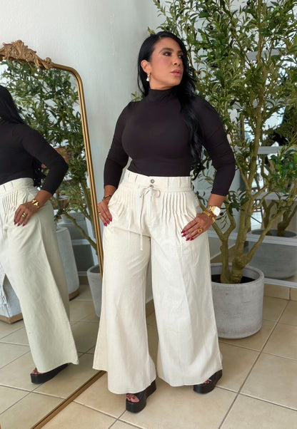 Premium Linen Spandex Pleated Crema Oatmeal Pants Wide Leg