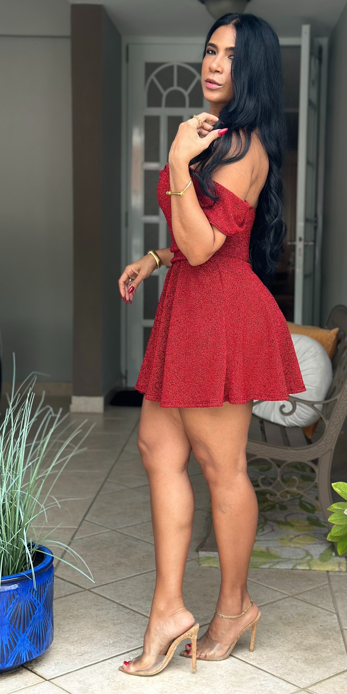 Dulce Noche Red Spandex Dress Romper (tiene pantalón debajo Spandex)