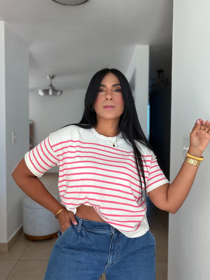 Pretty Pink and White Striped Luxe Spandex Top (líneas rosa intenso) Calidad Premium