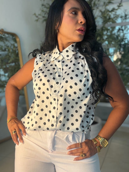 Camisa en Seda Polka Dots White and Bkack