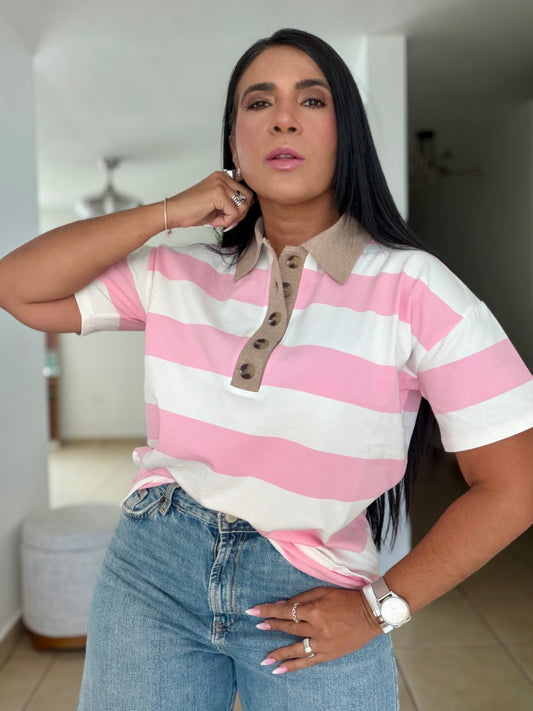 Pink Pink Striped Spandex Polo Top De Lujo (PRE ORDEN) SOLD OUT