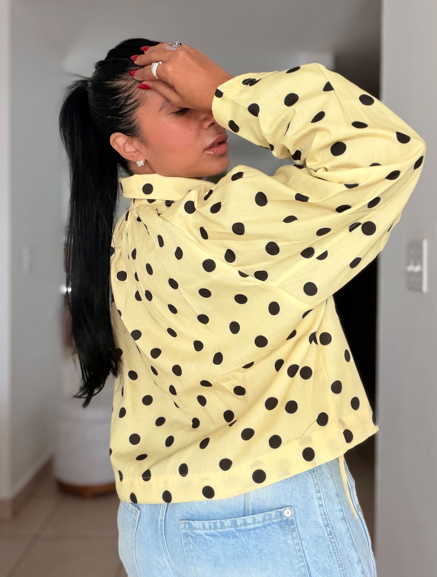 Bomber Top/Jacket Liviano Premium Butter Yellow Polka Dots (tiene bolsillos)