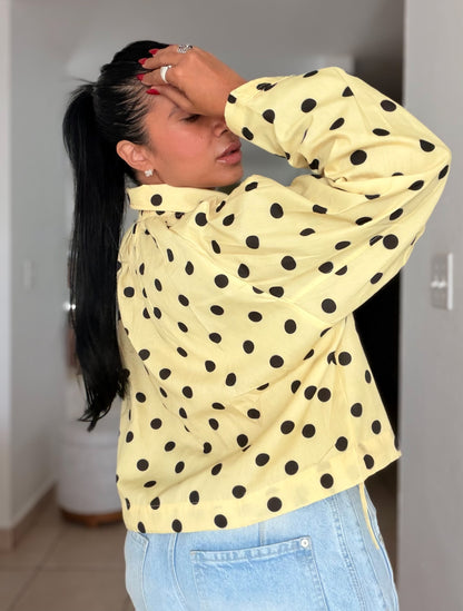 Bomber Top/Jacket Liviano Premium Butter Yellow Polka Dots (tiene bolsillos)