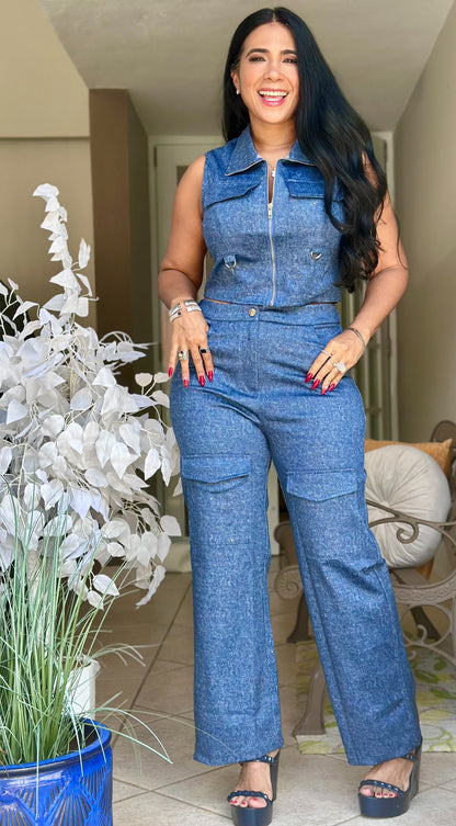 San Juan Como DENIM Mega Spandex VEST y Pantalón Set (tiene bolsillos)