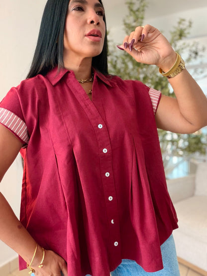 Luxe Red Wine Linen Oversized Blusòn (mangas se usan de dos formas) Rojo Wine(SOLD OUT GRACIAS)
