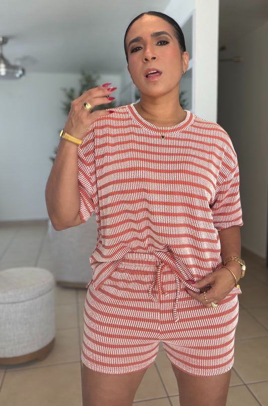 Divas Orangw and White Striped Spandex Luxe pants and Blusòn Shorts Set (SOLD OUT)