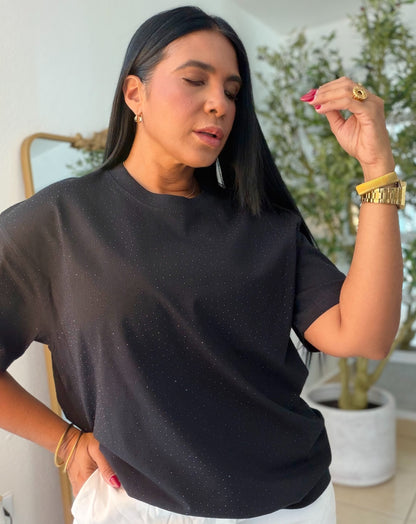 Oversized Premium Cotton Blacky Black Top con brillitos fijos (color Blanco) Luxury