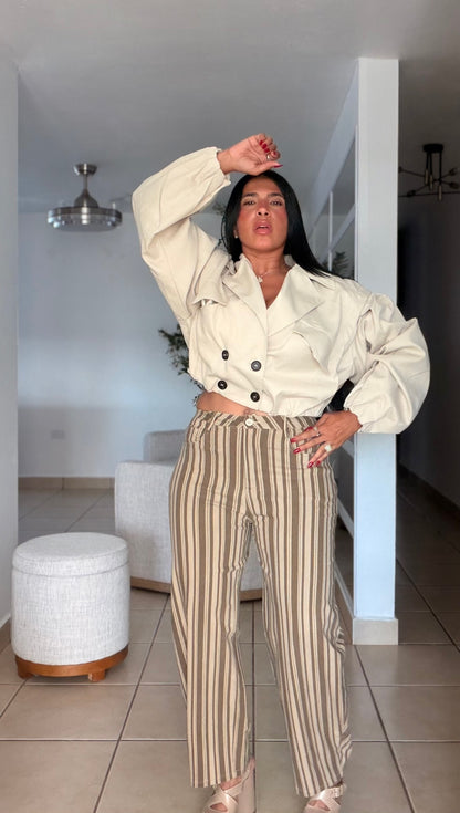 Beige Crema and Choco Brown Spandex Barrel Pants (liviano, còmdo, tiene bolsillos y bien spandex) con lìneas verticales
