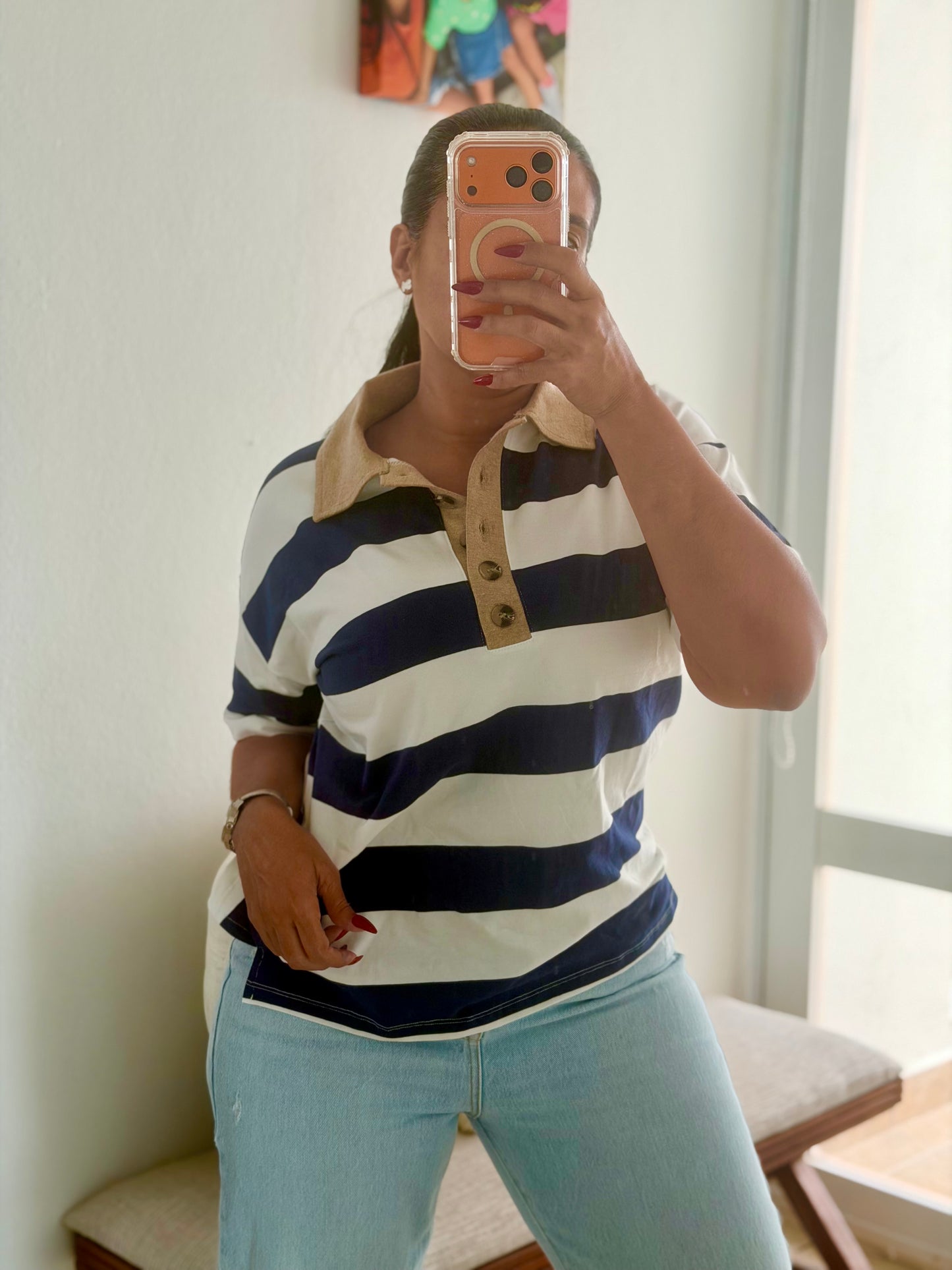 Navy Blue Striped Spandex Polo Top (SOLD)