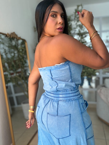Azul Como Denim Expandible (Spandex) Total Baggy Jumpsuit con bolsillos