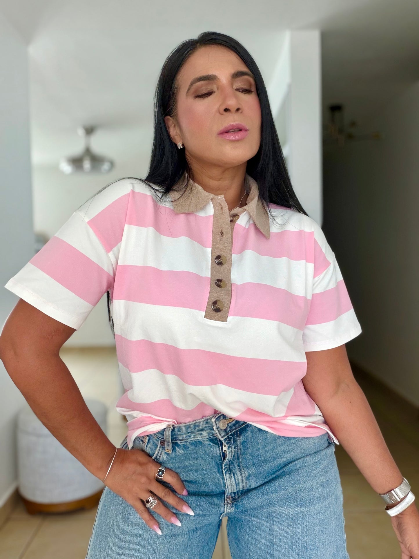 Pink Pink Striped Spandex Polo Top De Lujo (PRE ORDEN) SOLD OUT