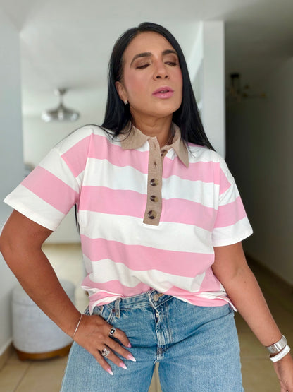 Pink Pink Striped Spandex Polo Top De Lujo (PRE ORDEN) SOLD OUT