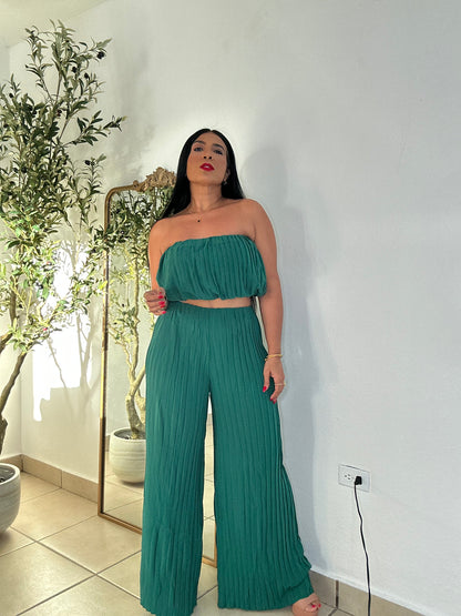 Hunter Green Pleated SPANDEX TOP AND PANTS SET(no zipper ni botones. Bien expandible)