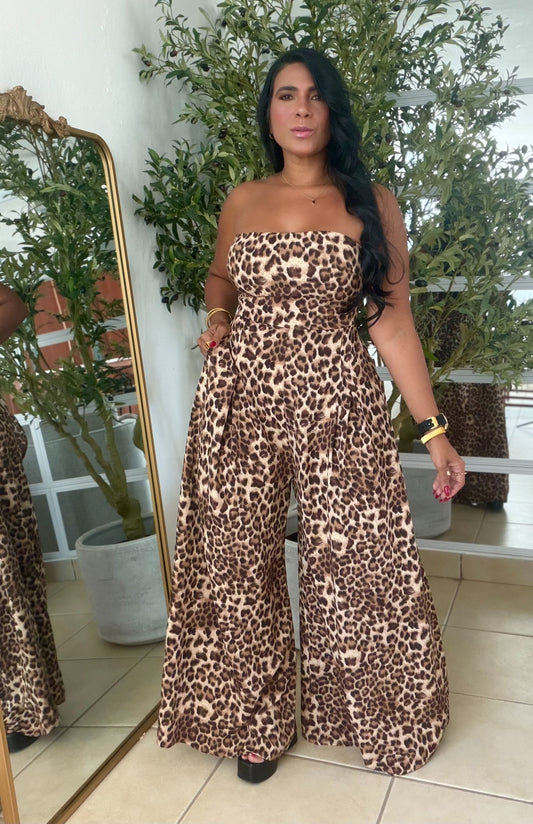 Ava Spandex Animal Print Tube Jumpsuit Palazzo (tiene bolsillos y no zipper ni botones)