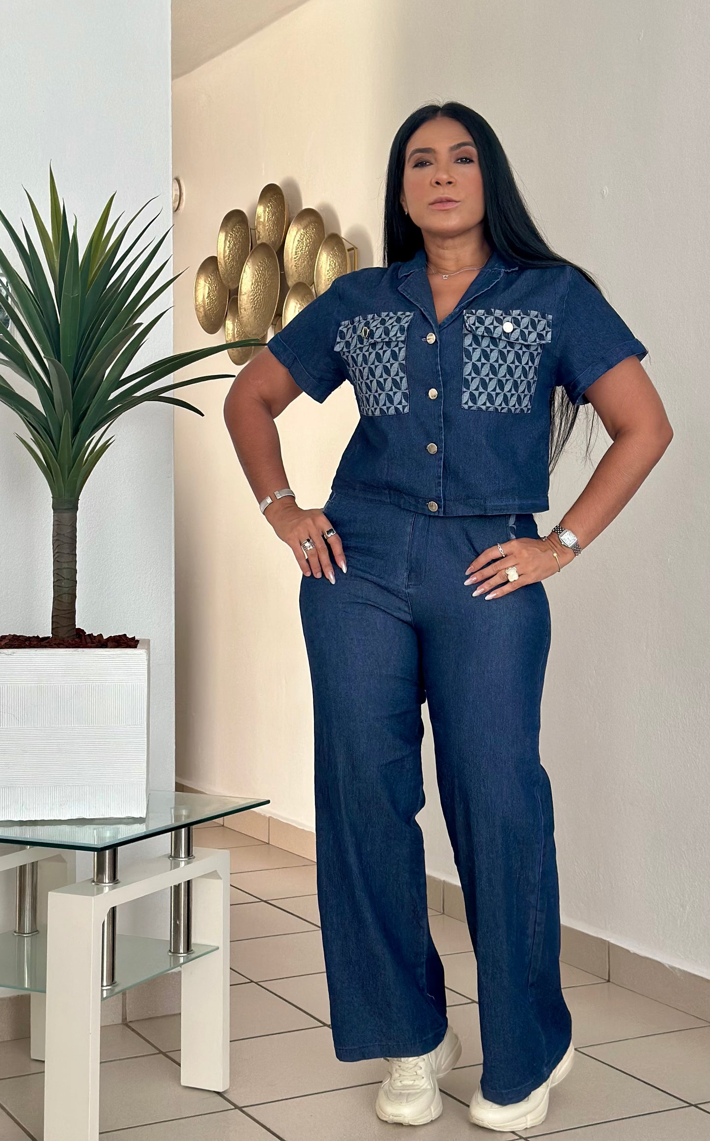 El Perfecto Denim Blue Mega Spandex Top and Pants Set