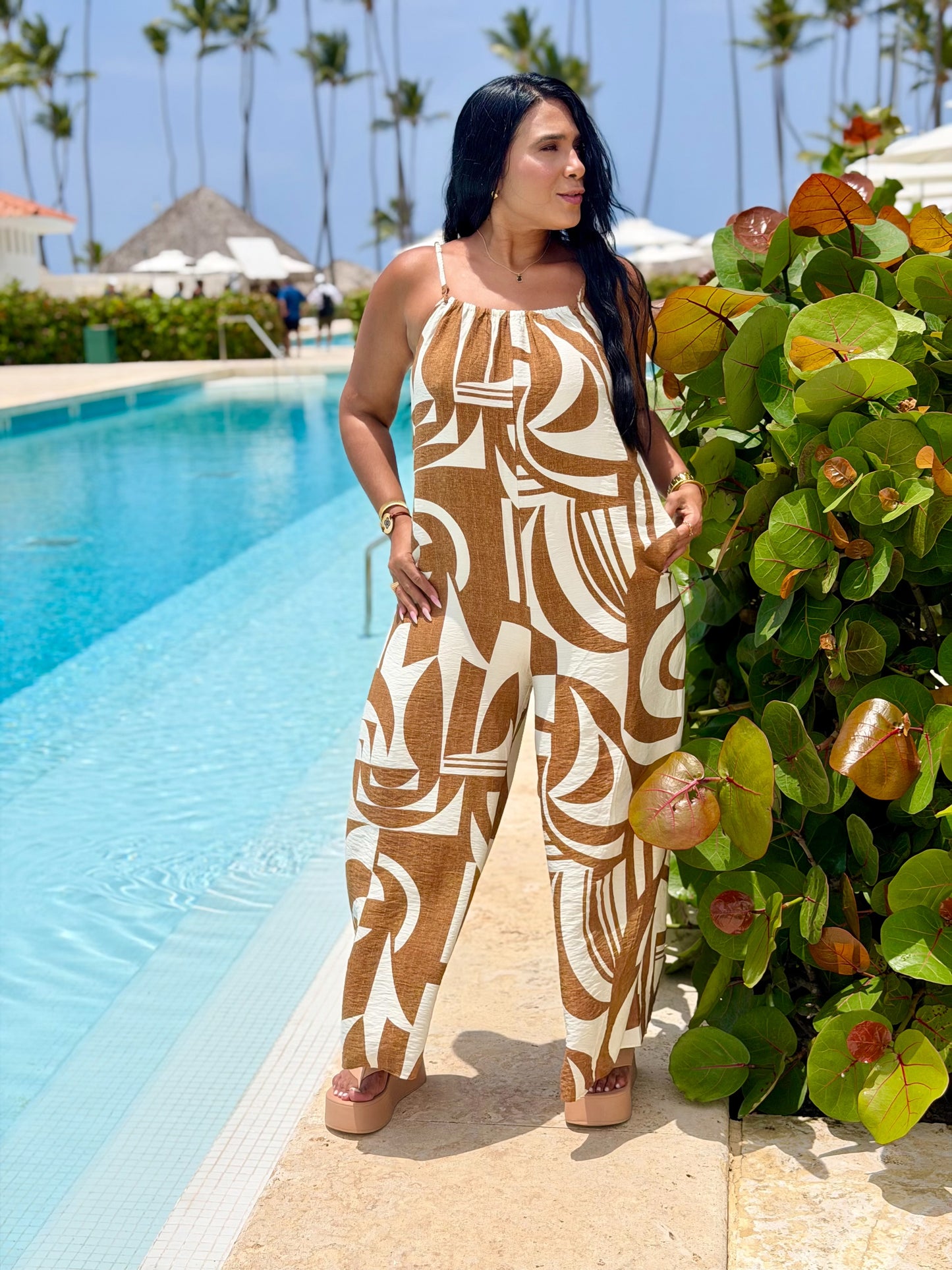 Santè Choco Brown and Off White Oversized Spandex Jumpsuit (tiene bolsillos) no zipper ni botones Boho
