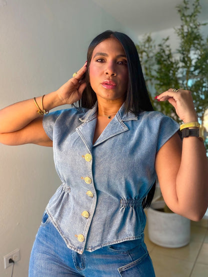 Ánde Spandex Denim light blue Top (con botones gold) SOLD OUT GRACIAS