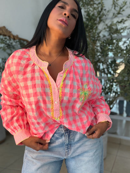 The Palms Luxe Oversized Gingham Blouse (Blusòn Oversized) Neon Multicolor