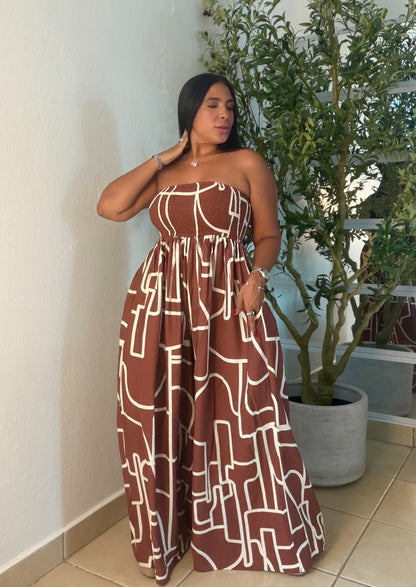 Darimar Wide Leg Spandex De Lujo Jumpsuit (tiene bolsillos y no zipper ni botones Choco Brown and lìneas Beige SOLD OUT GRCIAS