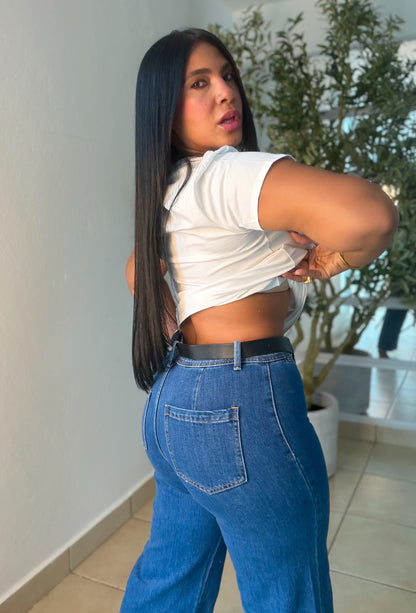 Wide Leg Jeans SPANDEX with belt Blue (correa incluìda) es expandible y moldea el cuerpo