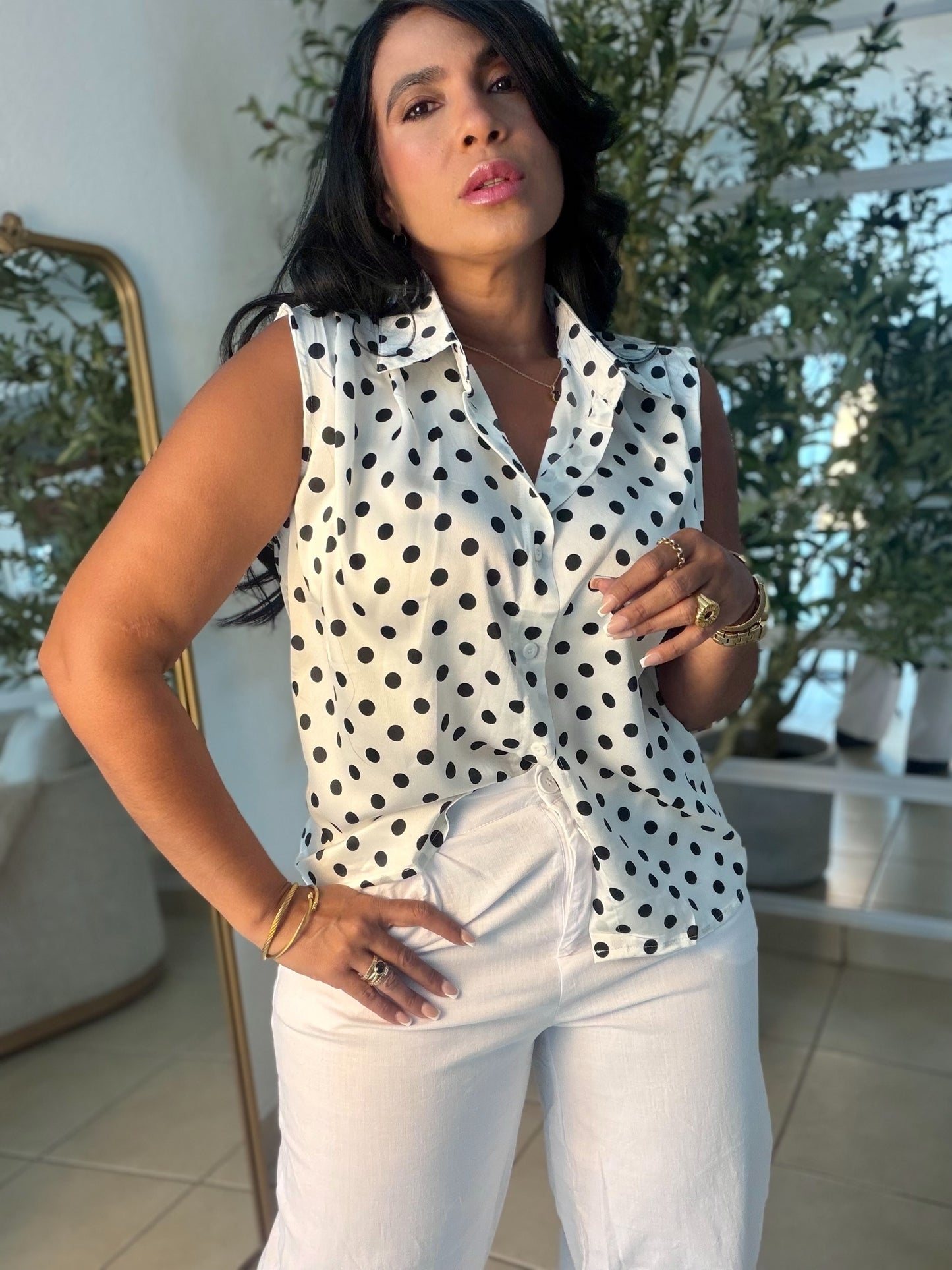 Camisa en Seda Polka Dots White and Bkack