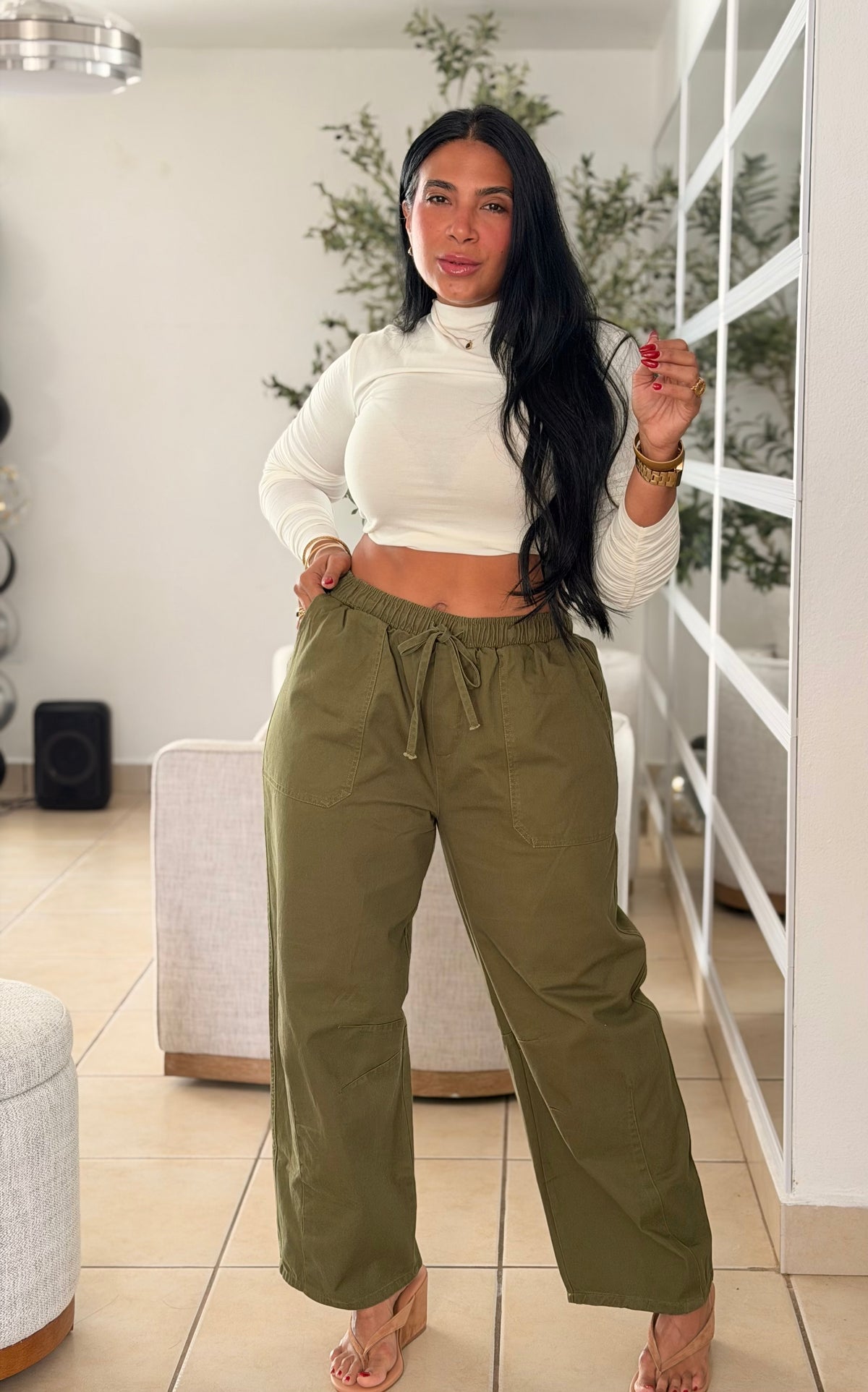 Alma Luxe Olive Spandex Total Baggy Pantalòn con bolsillos. 100% cotton (verde olivo) SOLD OUT GRACIAS