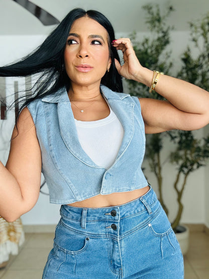 Denim Blue Spandex (bastante) Vest Top (lo puedes utilizar con un top debajo también