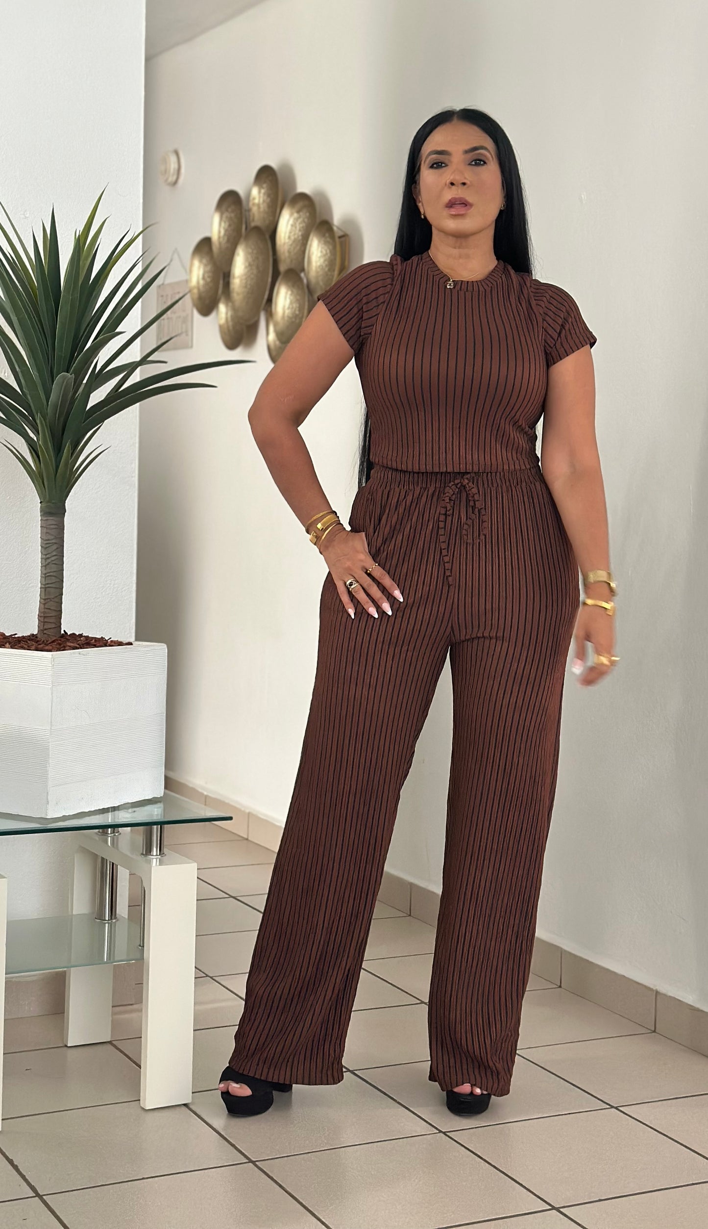 Indiana Spandex Brown con líneas negras Wide Leg Pants Set