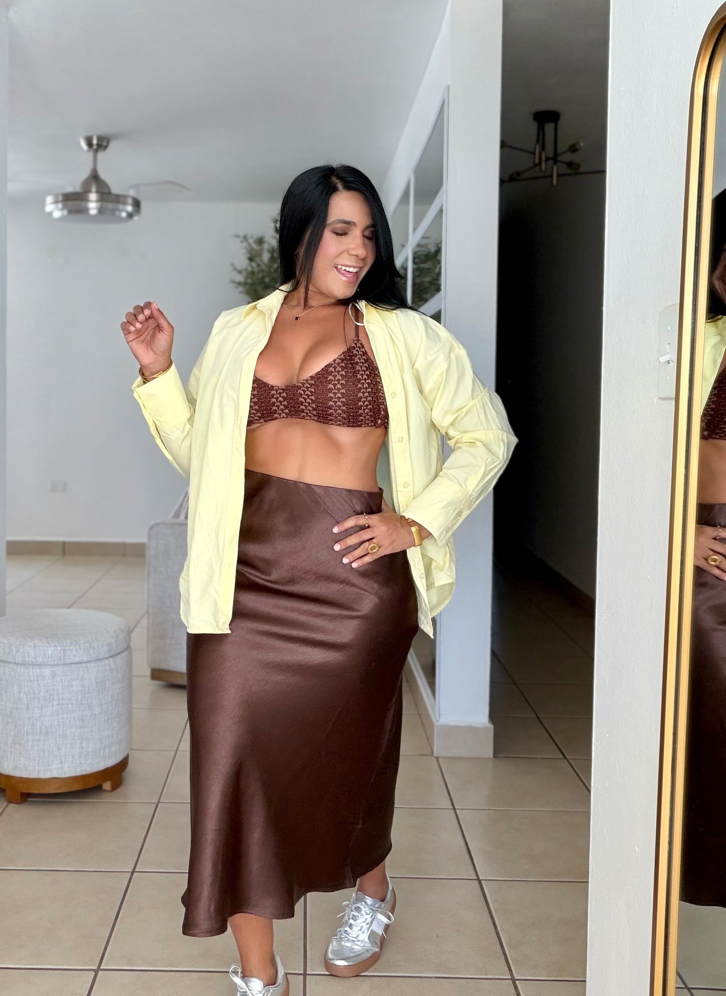 Texas Choco Brown Silk Spandex Midi Skirt (SOLD)