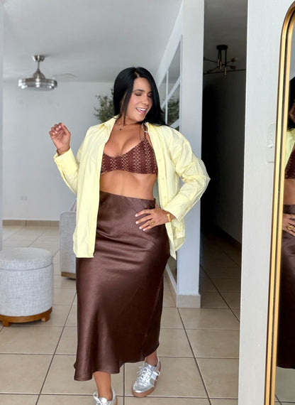Texas Choco Brown Silk Spandex Midi Skirt (SOLD)