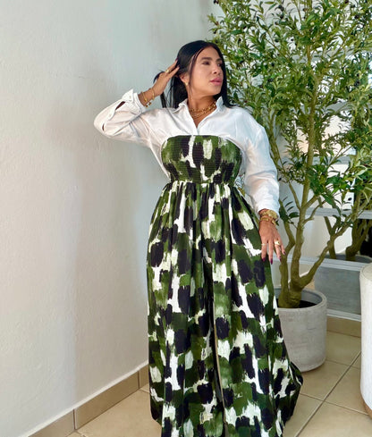Darimar Wide Leg Spandex De Lujo Jumpsuit (tiene bolsillos y no zipper ni botones Choco Green and White  lìneas Beige. Tiene bolsillos